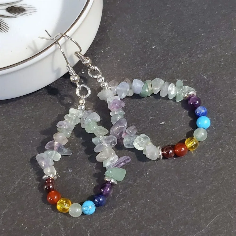 Artisan Rainbow Fluorite 7 Chakras Yoga Om Mindful Gemstone Teardrop Earrings
